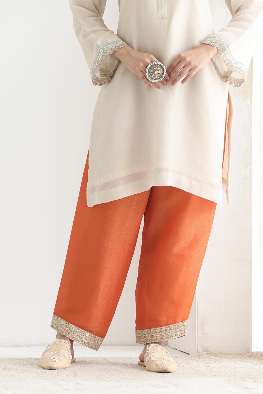 Ira White-Orange Tissue Embellished Kurta Set