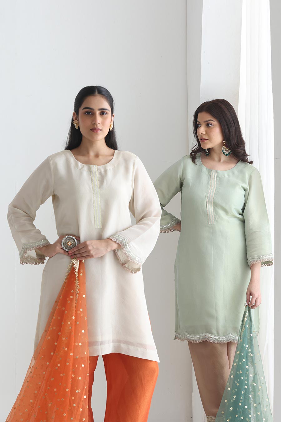 Ira White-Orange Tissue Embellished Kurta Set