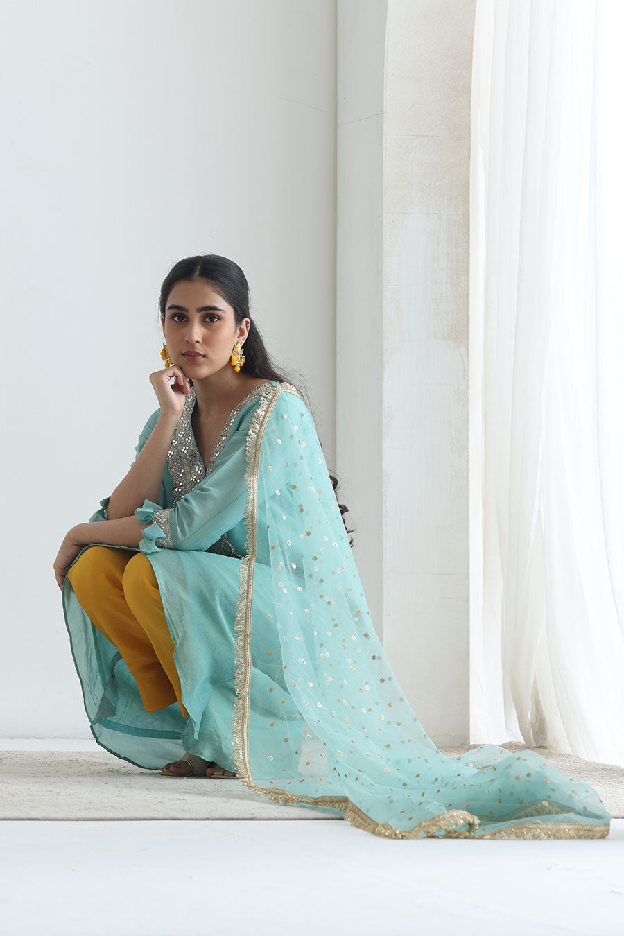 Rooh Blue-Orange Tissue Embellished Kurta Set