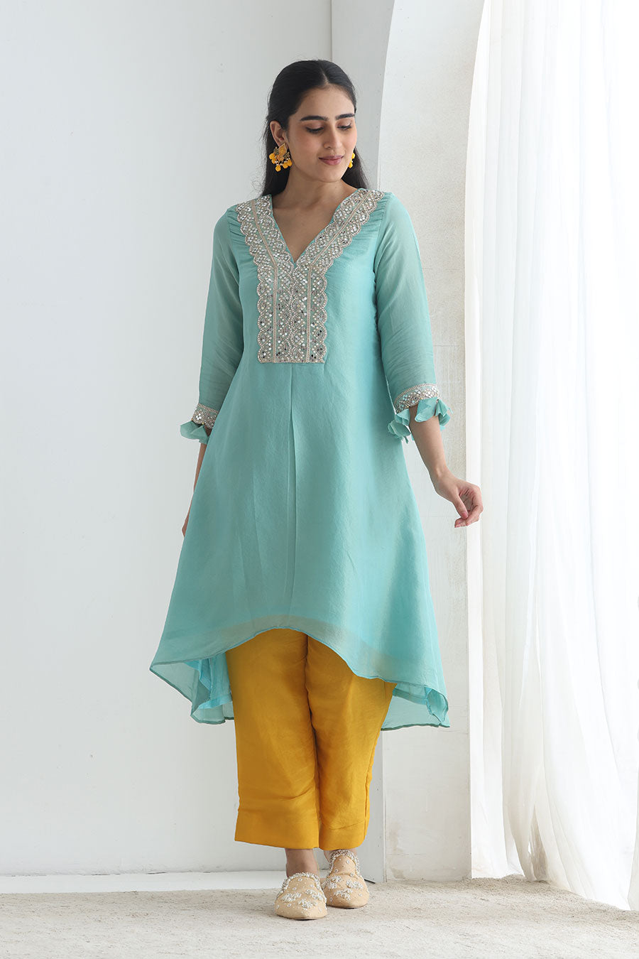 Rooh Blue-Orange Tissue Embellished Kurta Set