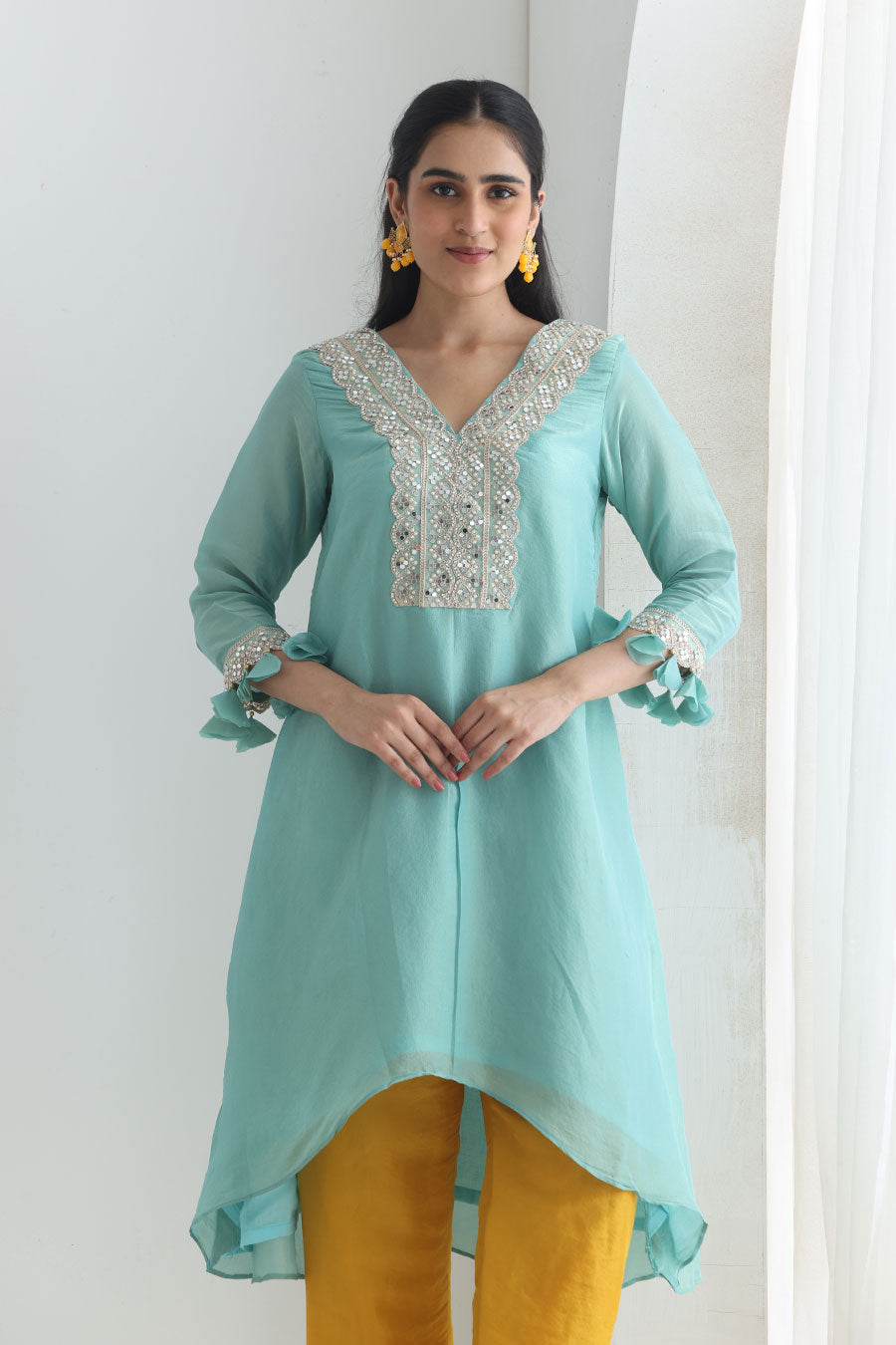Rooh Blue-Orange Tissue Embellished Kurta Set