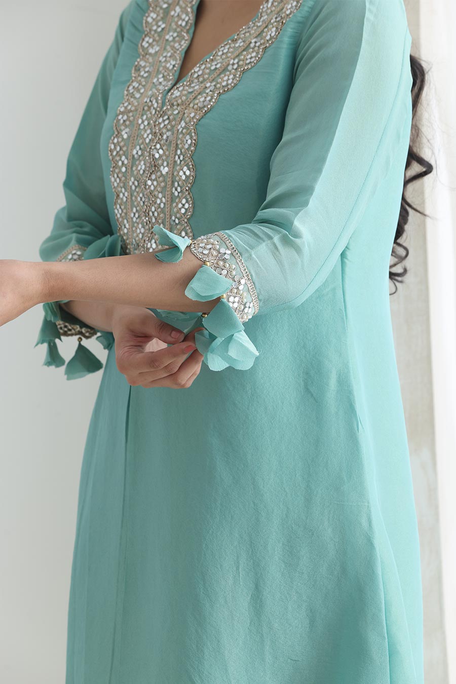 Rooh Blue-Orange Tissue Embellished Kurta Set