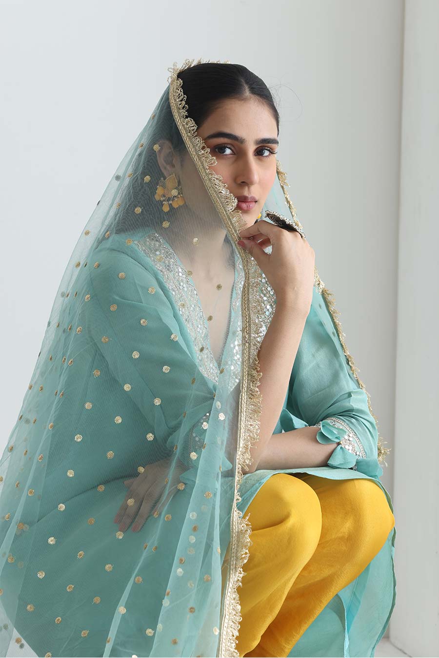 Rooh Blue-Orange Tissue Embellished Kurta Set