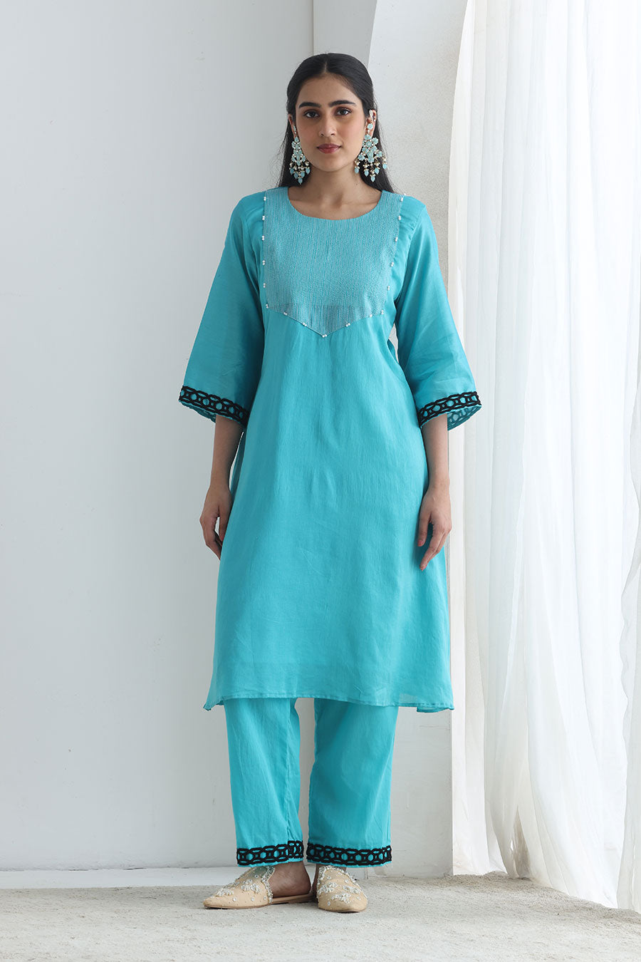 Naayab Blue Chanderi Embellished Kurta Set