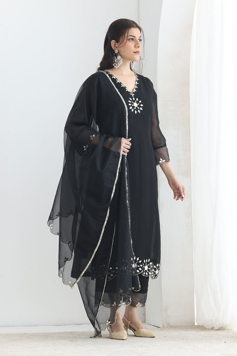 Raina Black Crushed Silk Embellished Kurta Set