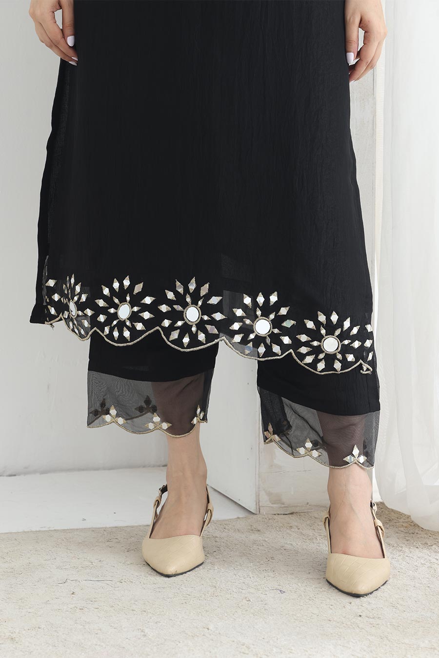 Raina Black Crushed Silk Embellished Kurta Set
