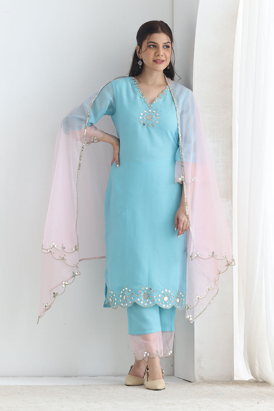 Preet Blue Crushed Silk Embellished Kurta Set