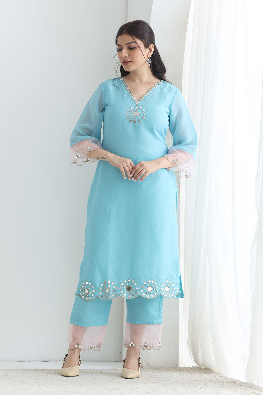 Preet Blue Crushed Silk Embellished Kurta Set