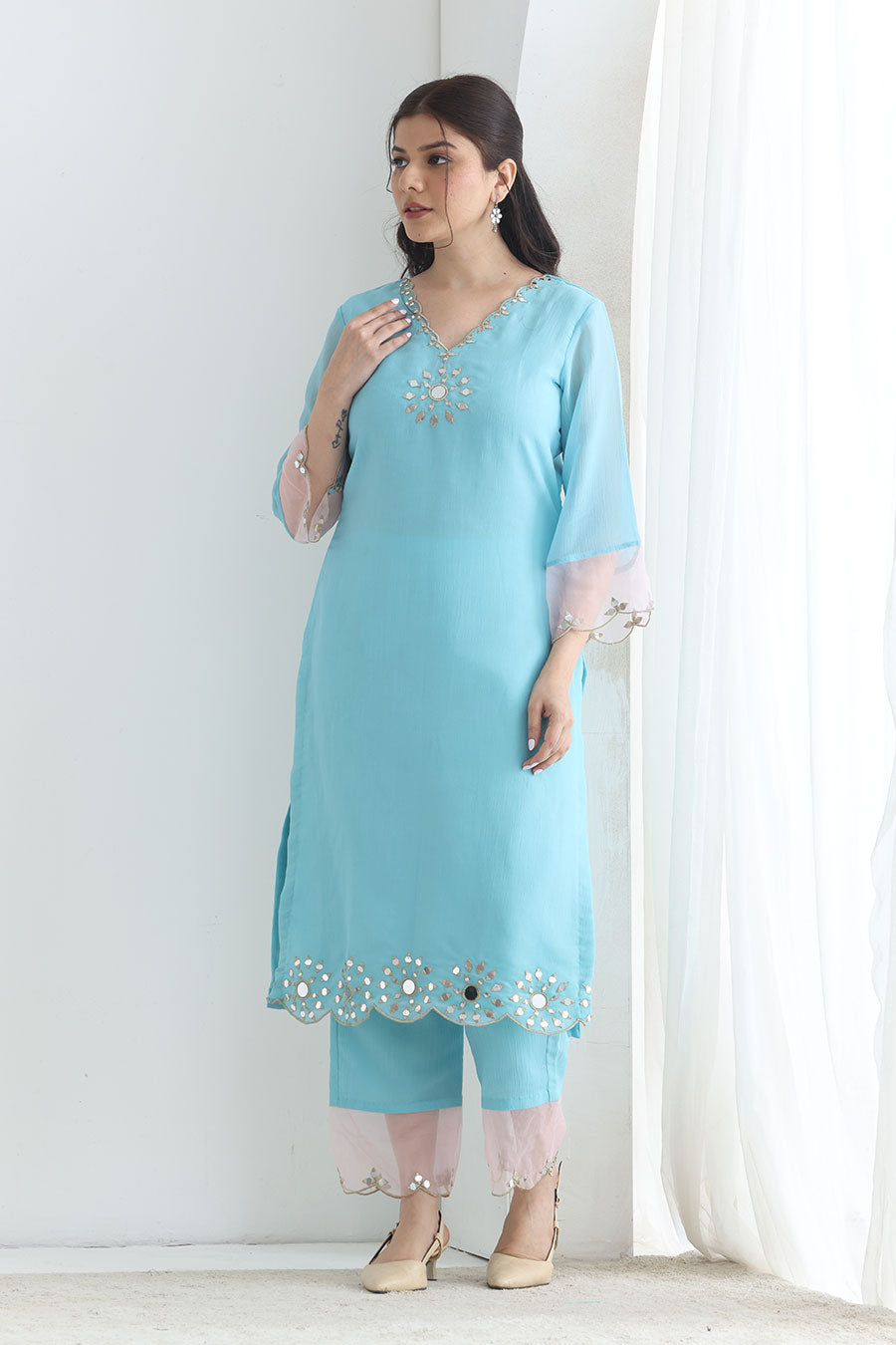 Preet Blue Crushed Silk Embellished Kurta Set