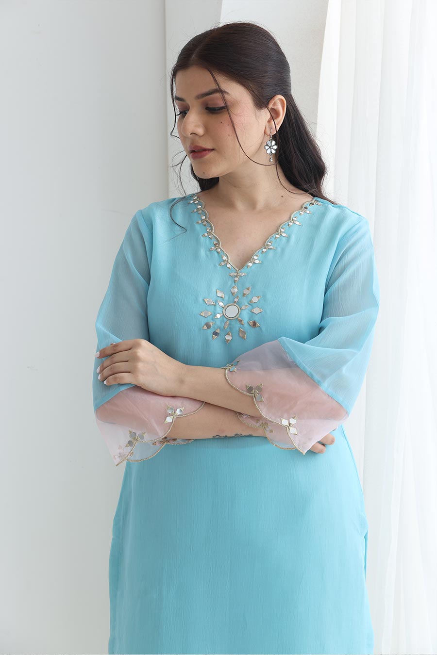 Preet Blue Crushed Silk Embellished Kurta Set