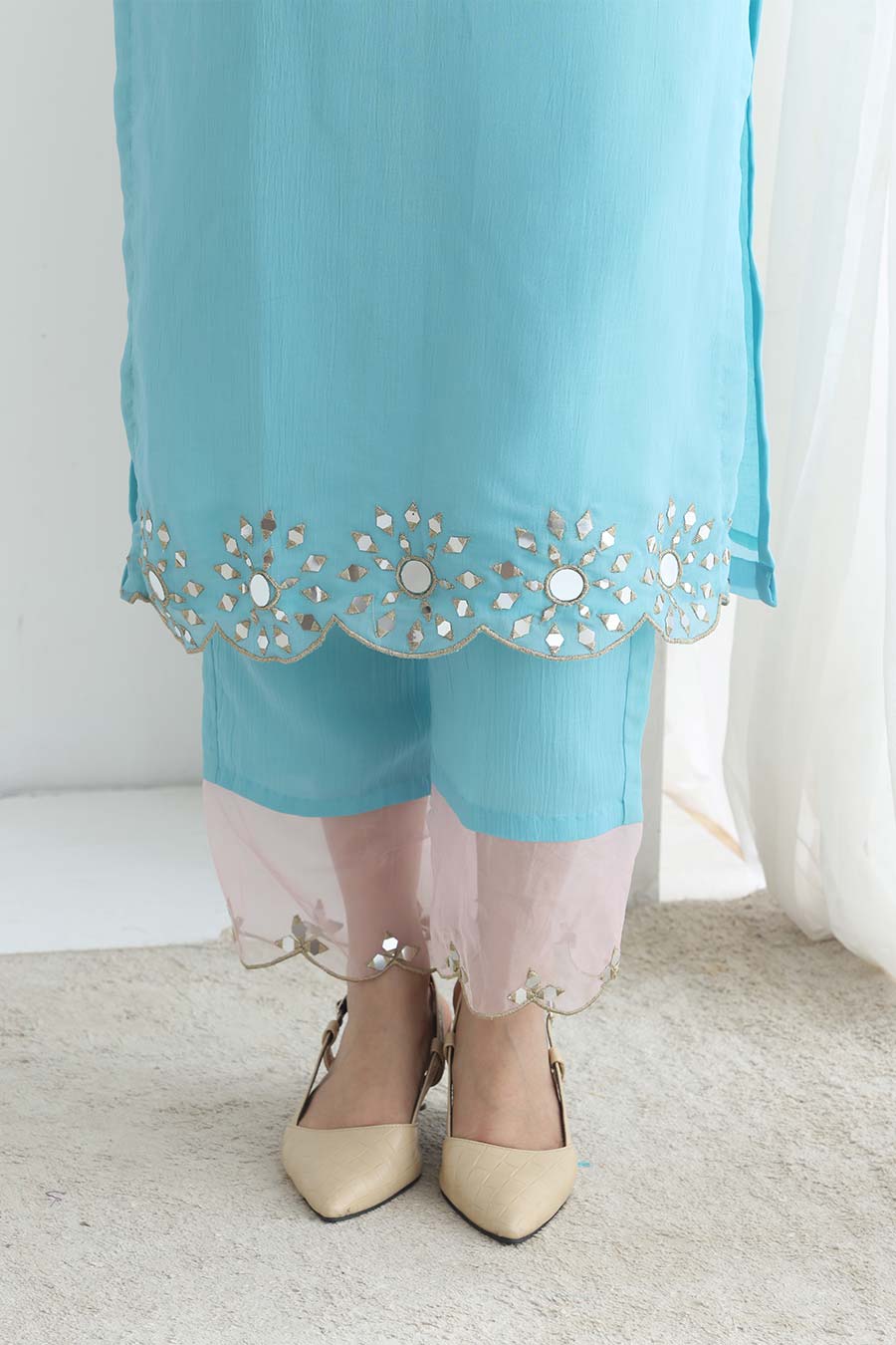 Preet Blue Crushed Silk Embellished Kurta Set