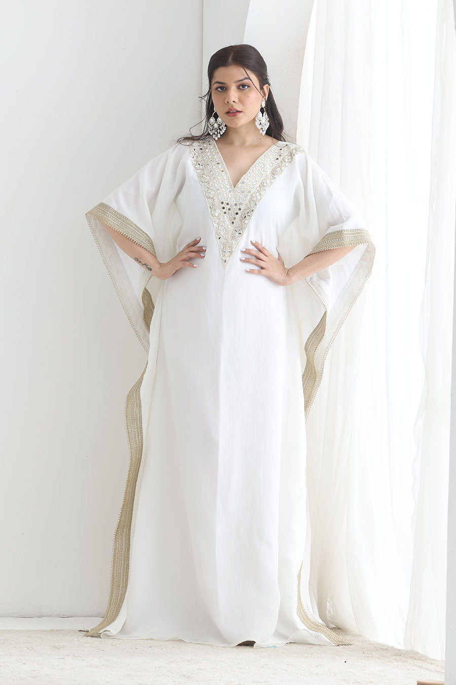 Saiba White Crushed Silk Embellished Kaftan