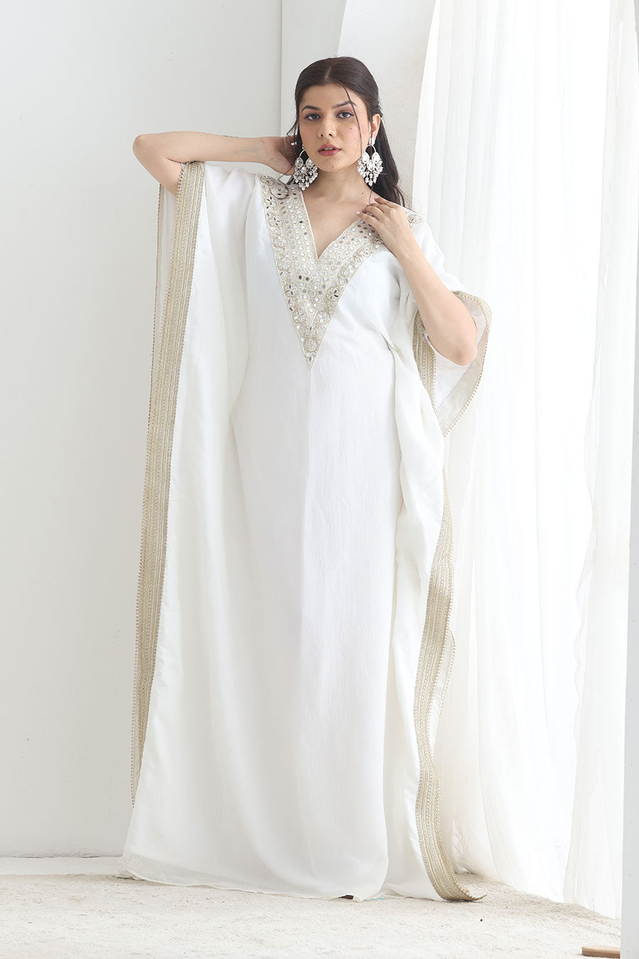 Saiba White Crushed Silk Embellished Kaftan