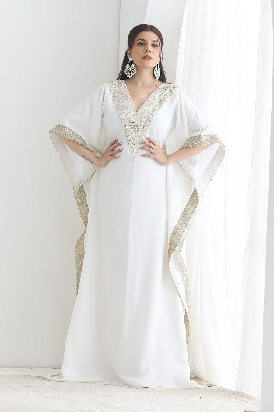 Saiba White Crushed Silk Embellished Kaftan