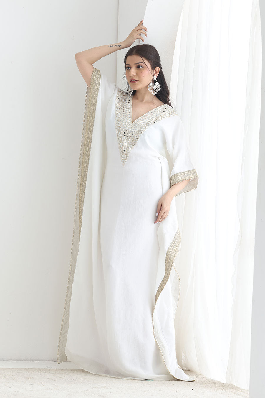 Saiba White Crushed Silk Embellished Kaftan