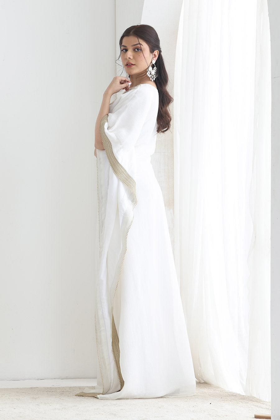 Saiba White Crushed Silk Embellished Kaftan