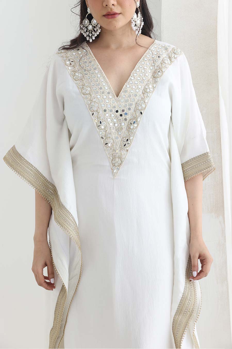Saiba White Crushed Silk Embellished Kaftan