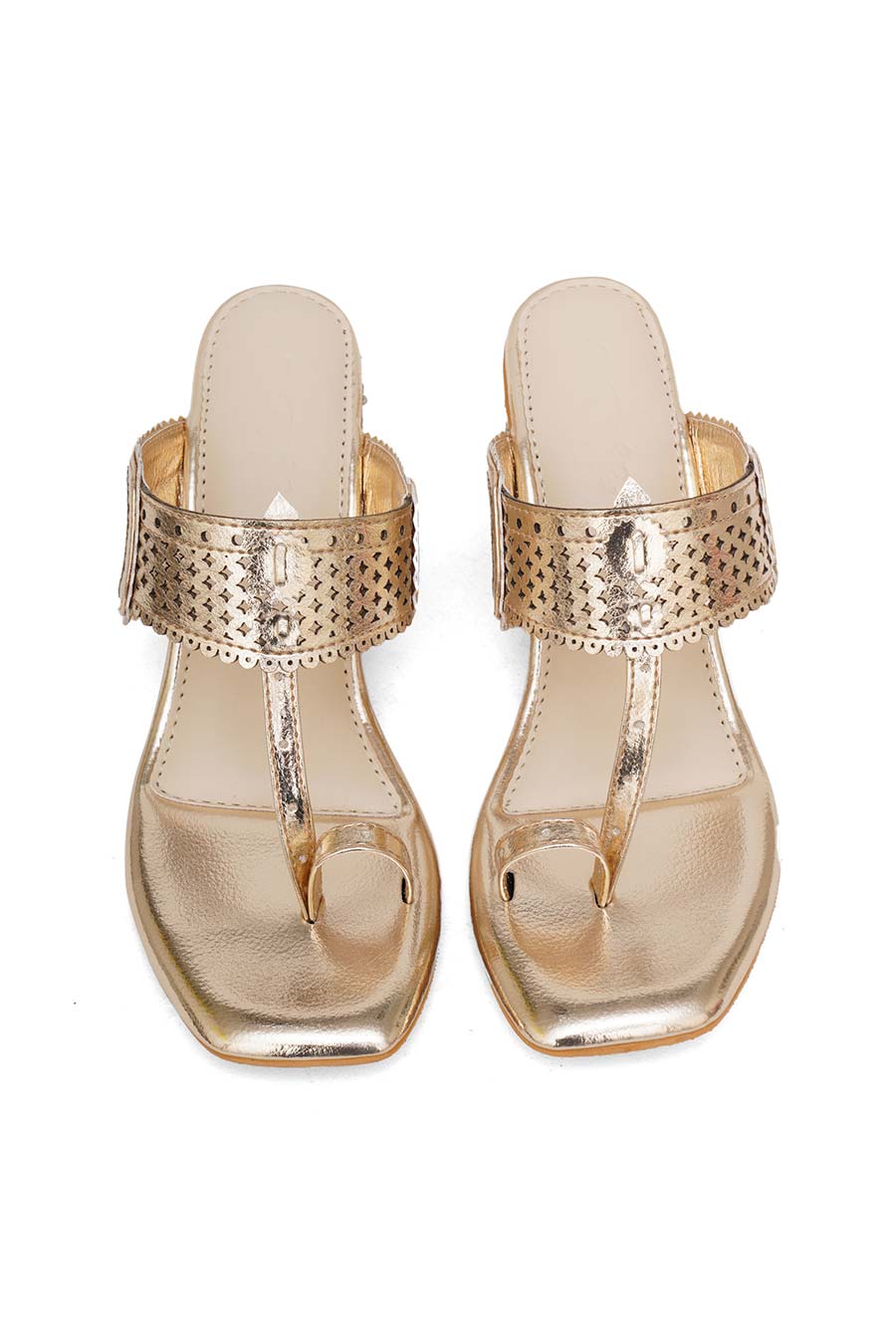 Gold Metallic Embroidered Kolhapuri Heels
