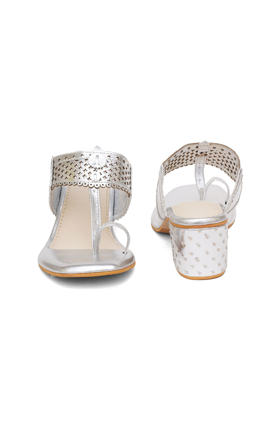 Silver Metallic Embroidered Kolhapuri Heels