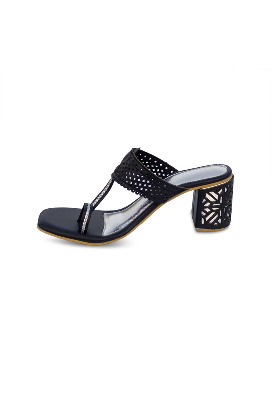 Black & Silver Cut-Out Kolapuri Heels