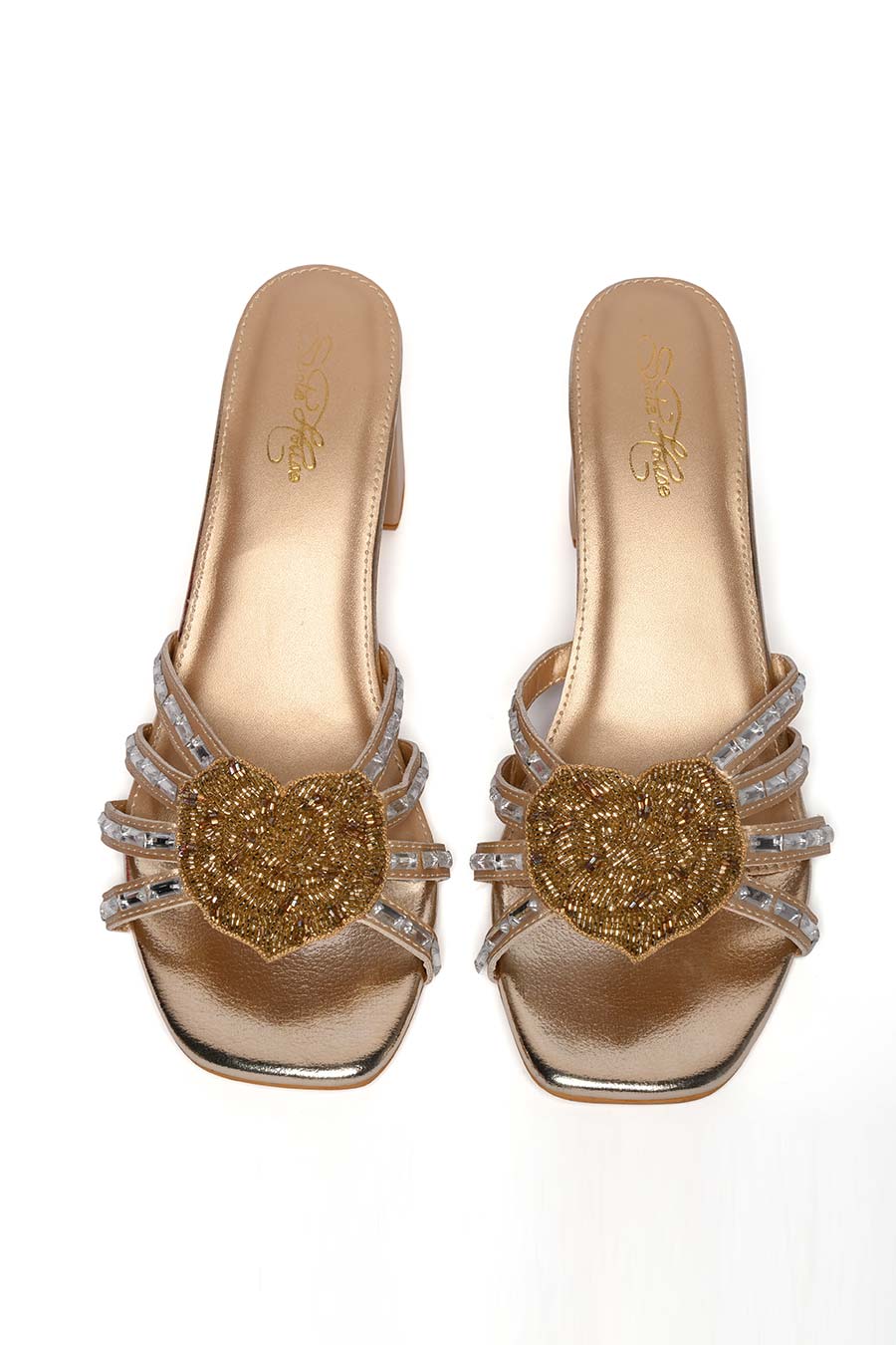 Heart Embellished Gold Heels
