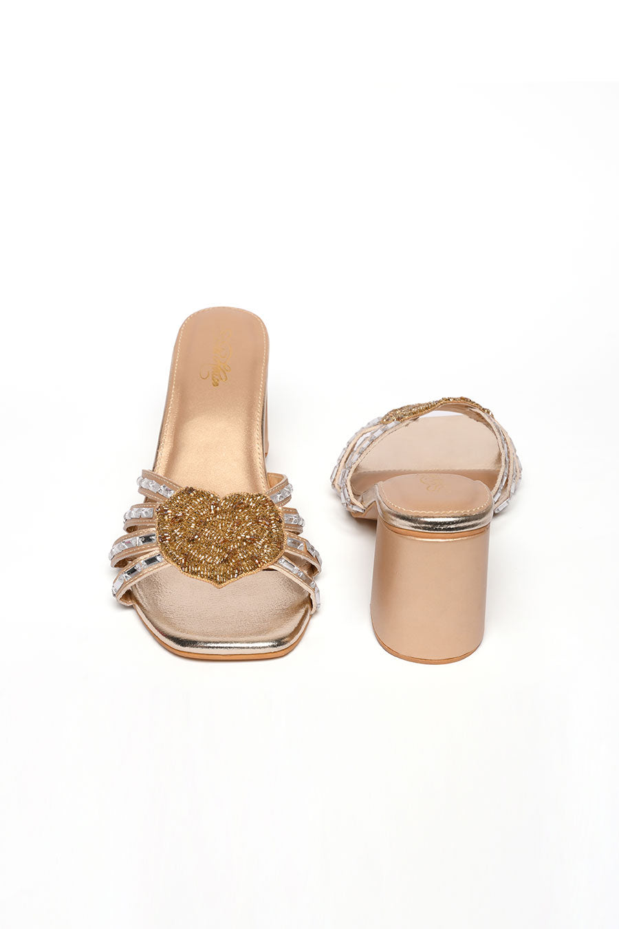 Heart Embellished Gold Heels