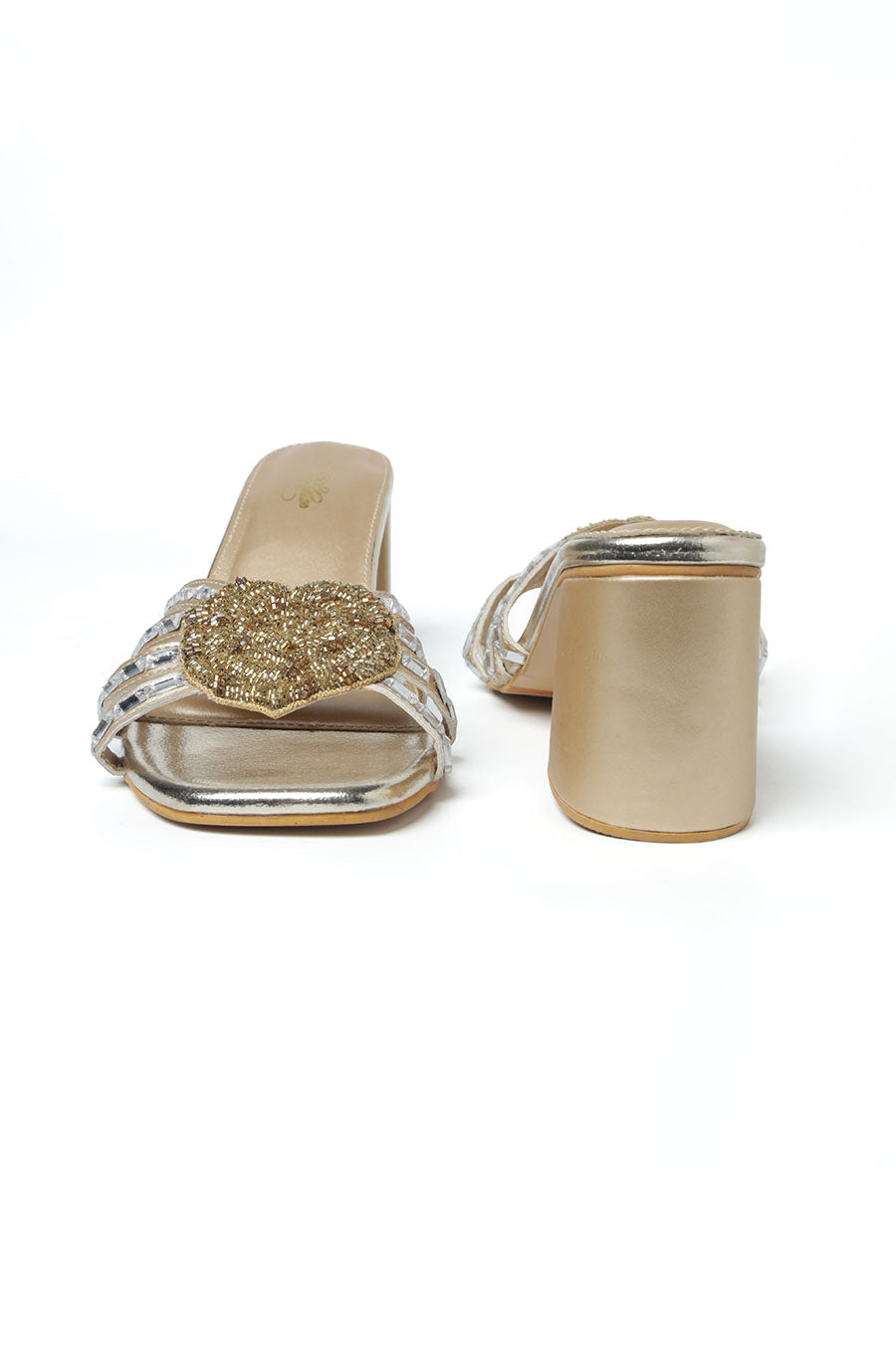 Heart Embellished Gold Heels