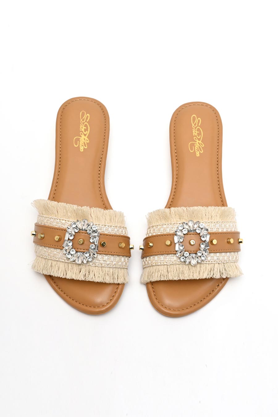 Tan Crystal Brooch Fringe Flats