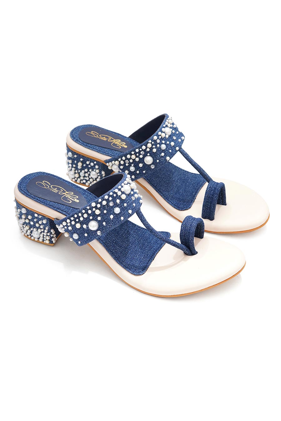 Denim Pearl Embellished Kolhapuri Block Heels