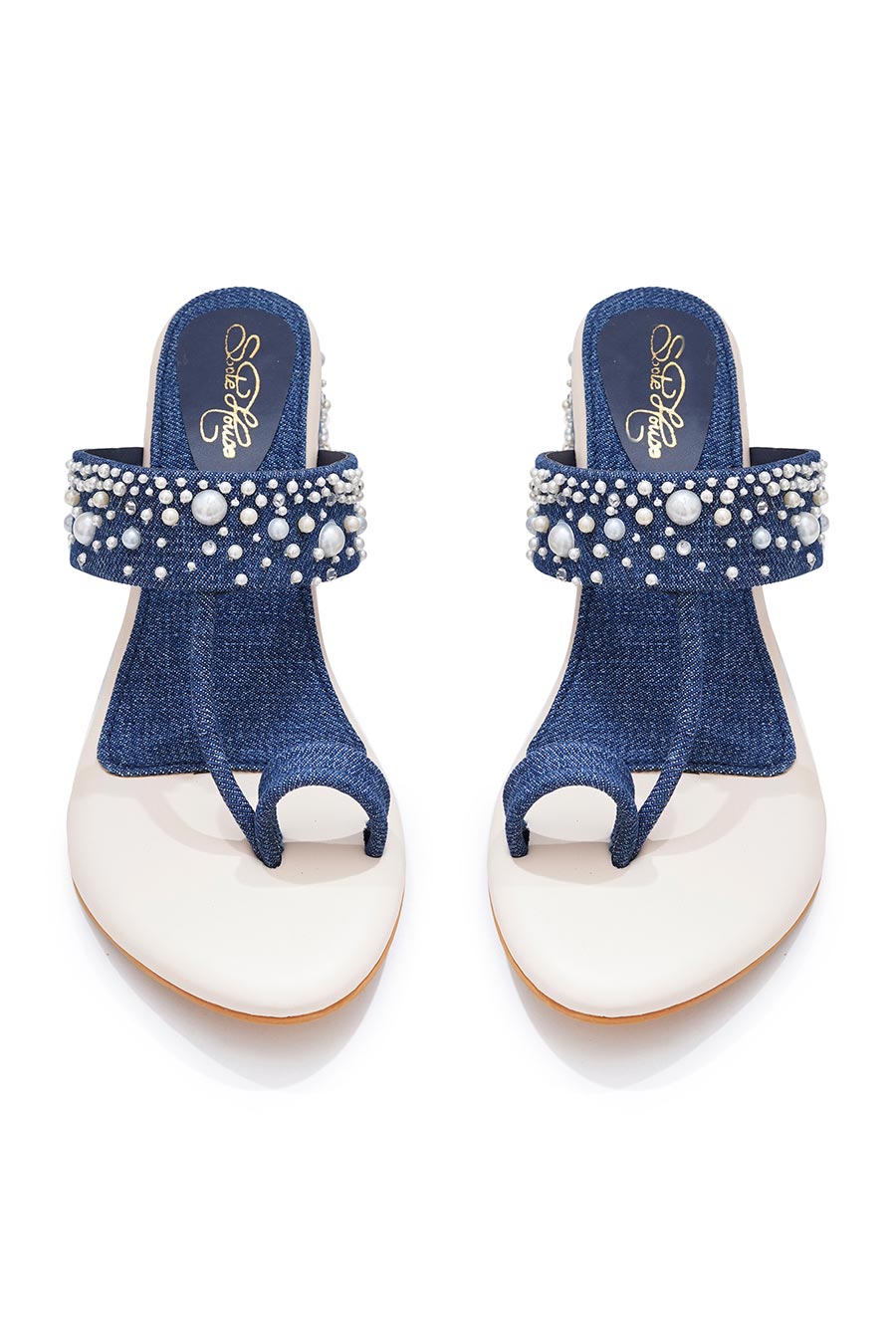 Denim Pearl Embellished Kolhapuri Block Heels