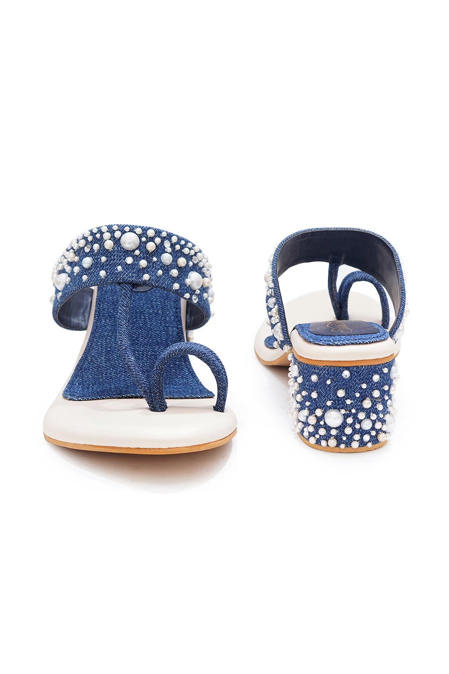 Denim Pearl Embellished Kolhapuri Block Heels
