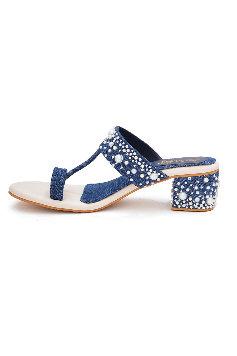 Denim Pearl Embellished Kolhapuri Block Heels