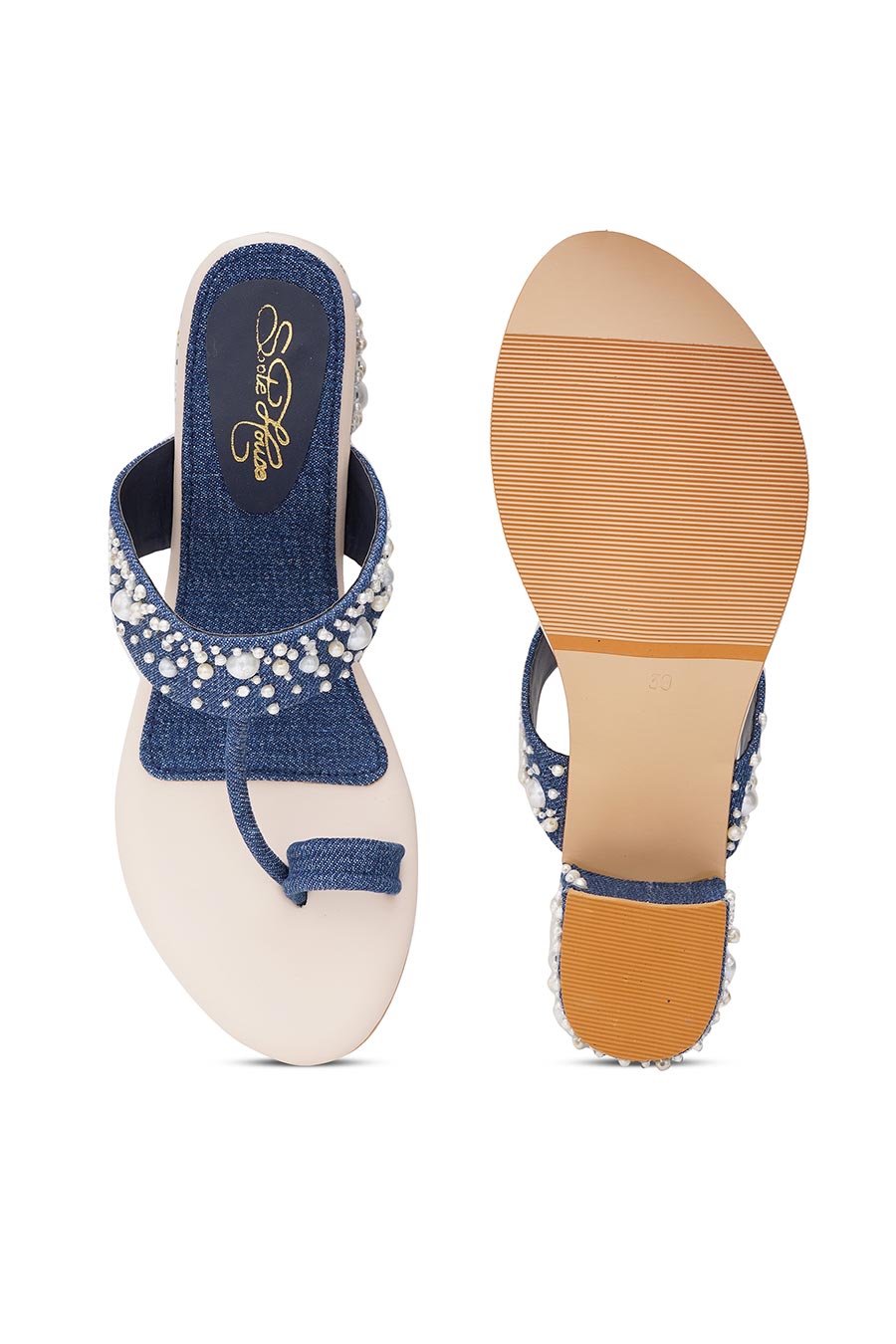 Denim Pearl Embellished Kolhapuri Block Heels