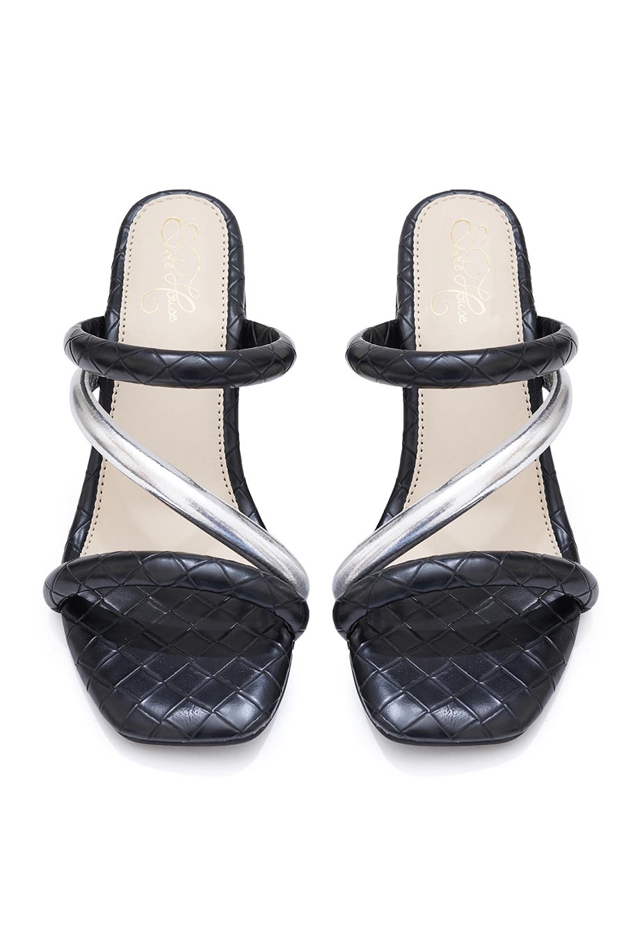 Quilted Black & Silver Block Bottega Heels