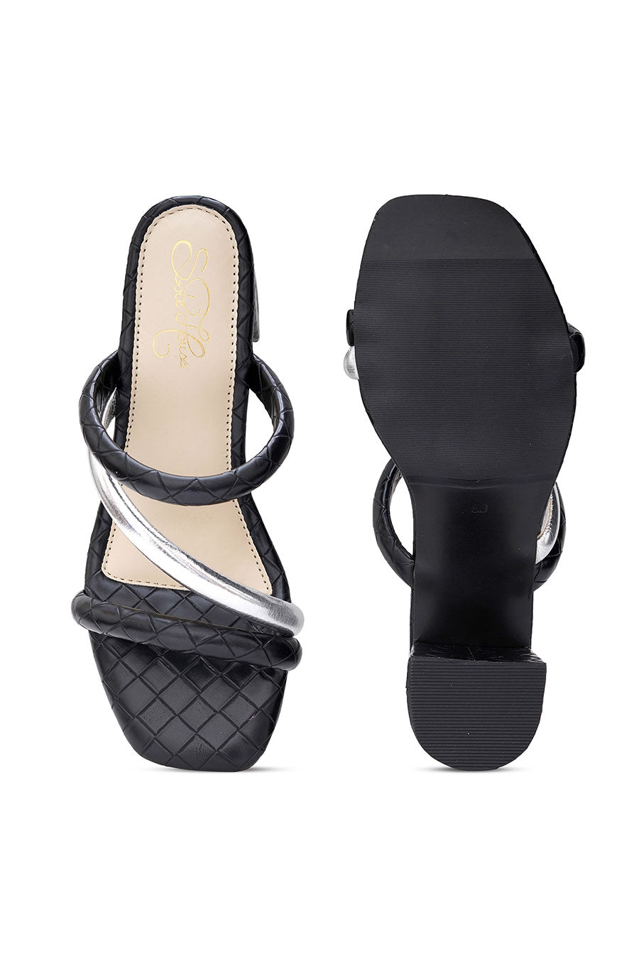 Quilted Black & Silver Block Bottega Heels