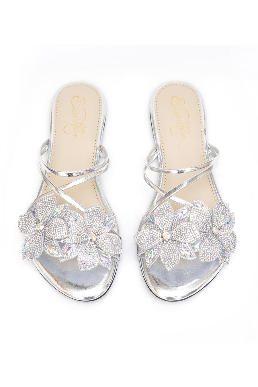 Silver Crystal Embellished Floral Flat