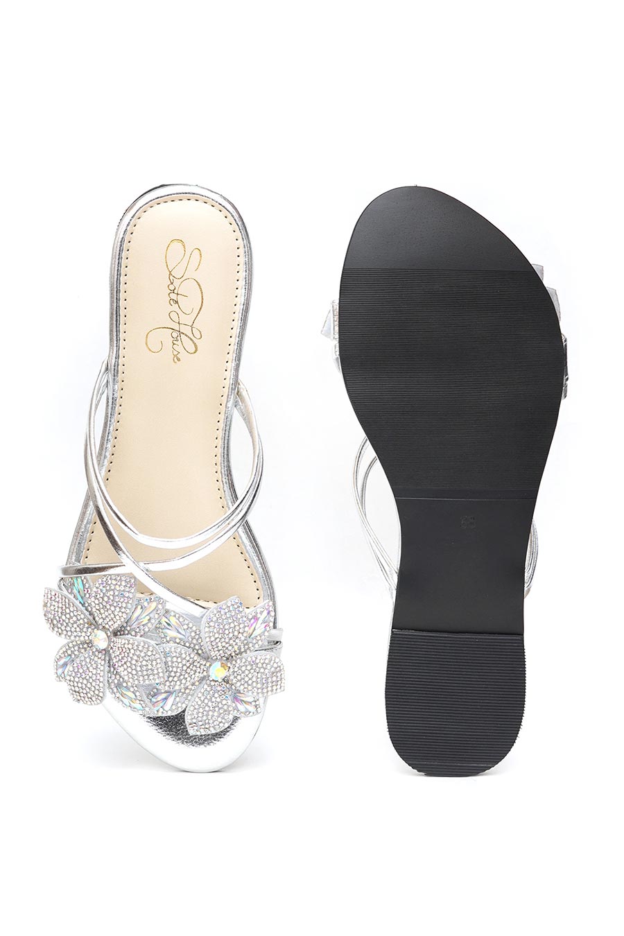 Silver Crystal Embellished Floral Flat