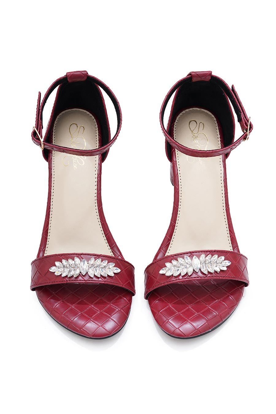 Maroon Glam Brooch Block Heel Sandals