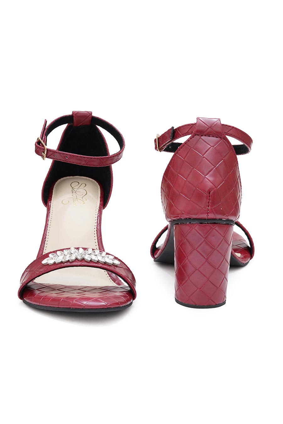 Maroon Glam Brooch Block Heel Sandals