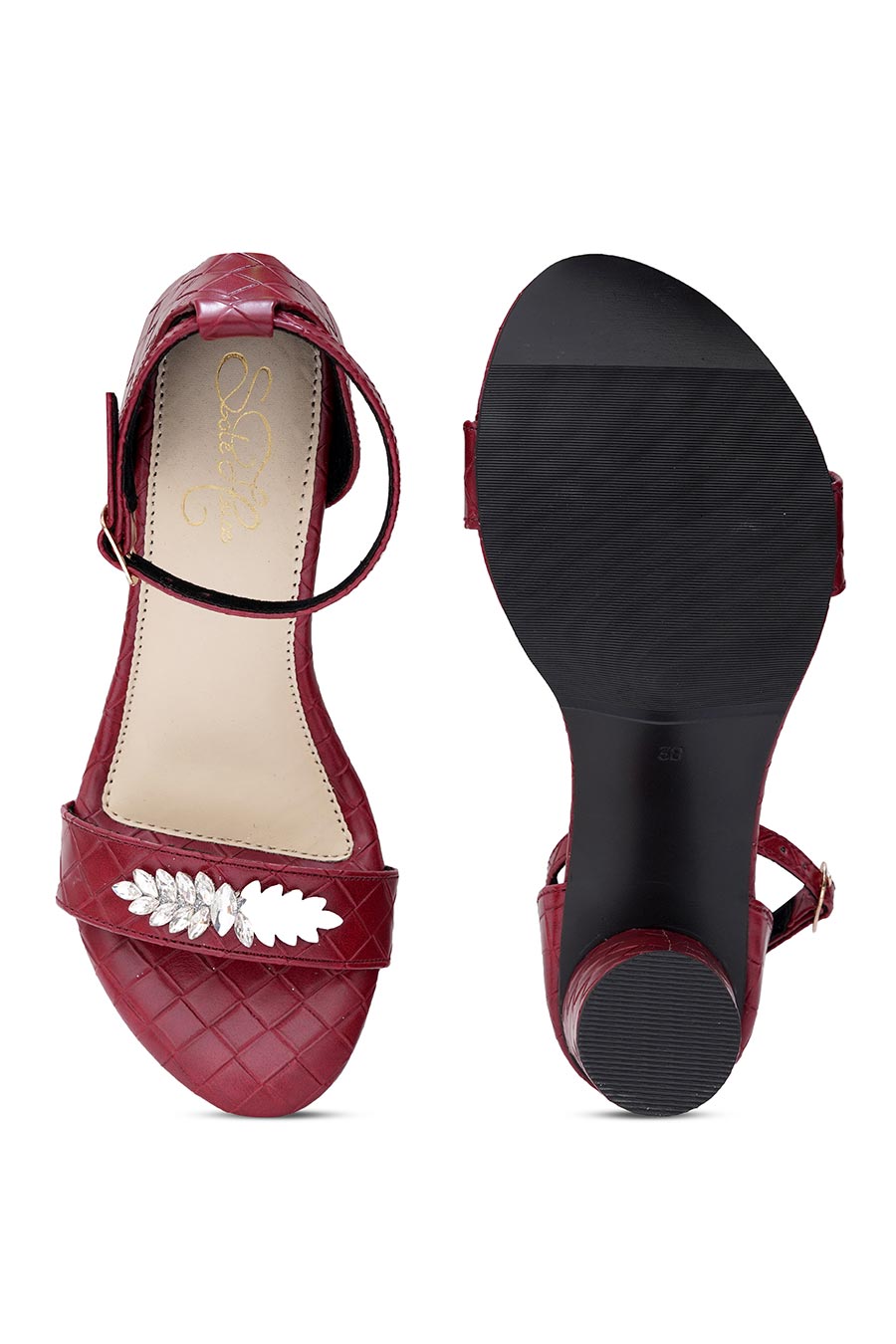 Maroon Glam Brooch Block Heel Sandals