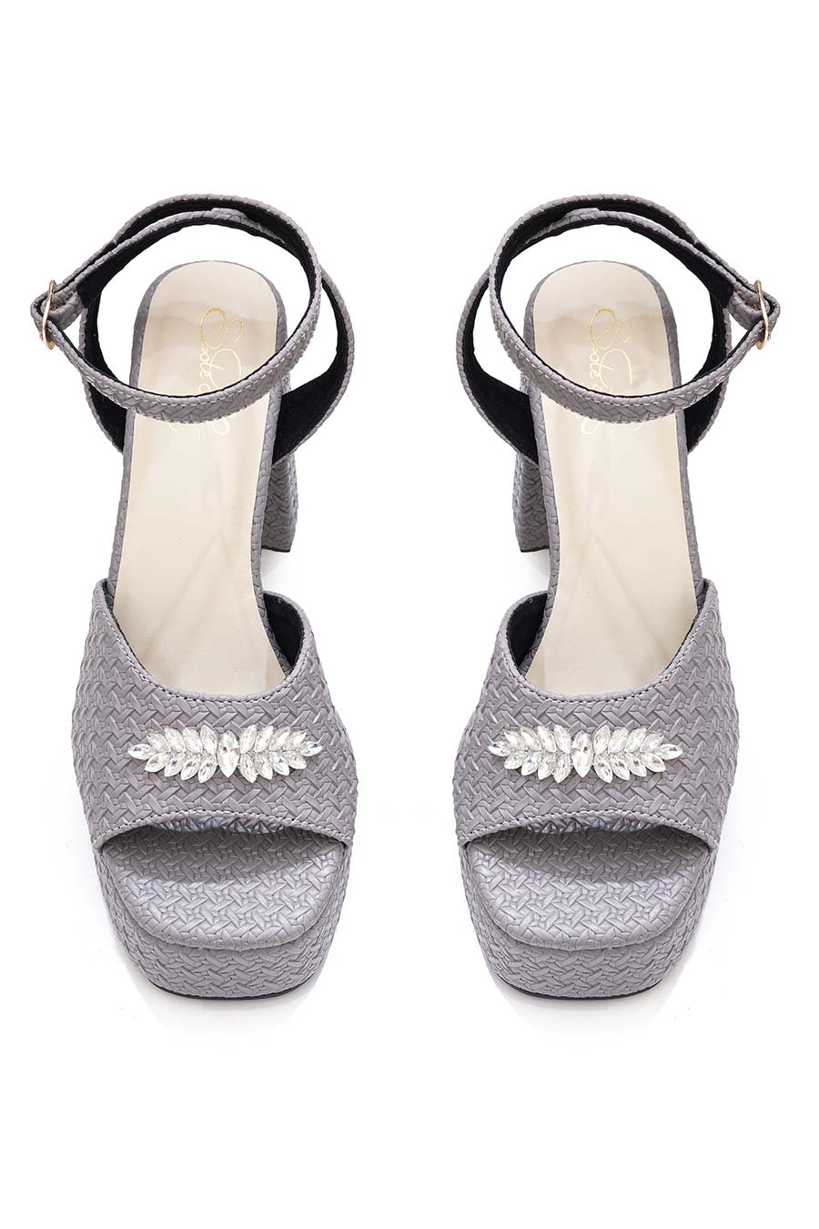 Grey Textured Brooch Block Heel Sandals