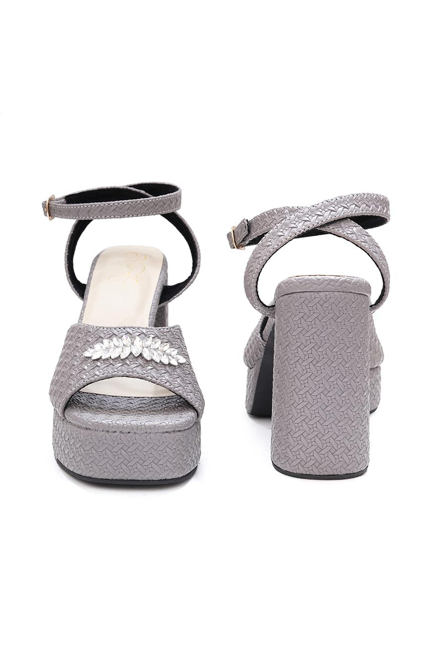 Grey Textured Brooch Block Heel Sandals