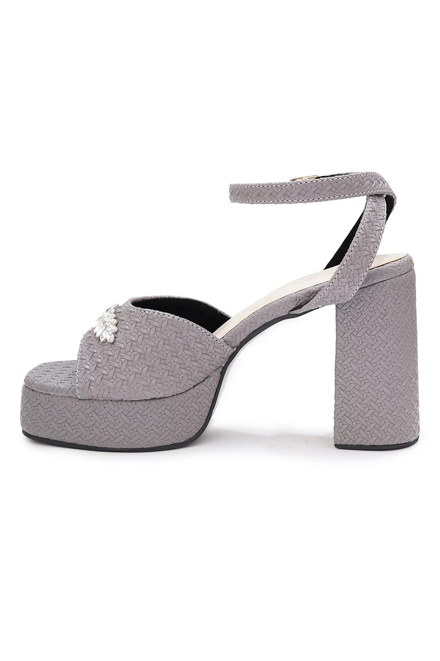 Grey Textured Brooch Block Heel Sandals