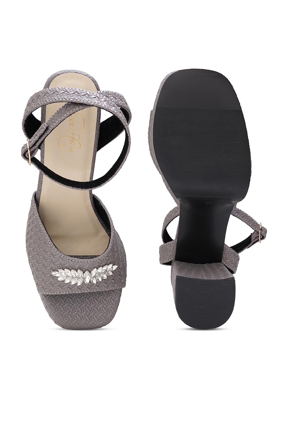 Grey Textured Brooch Block Heel Sandals