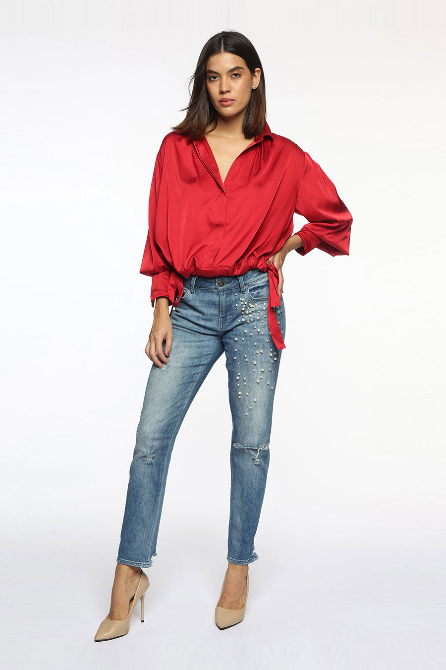 Red Rachel Side Knot Shirt Top