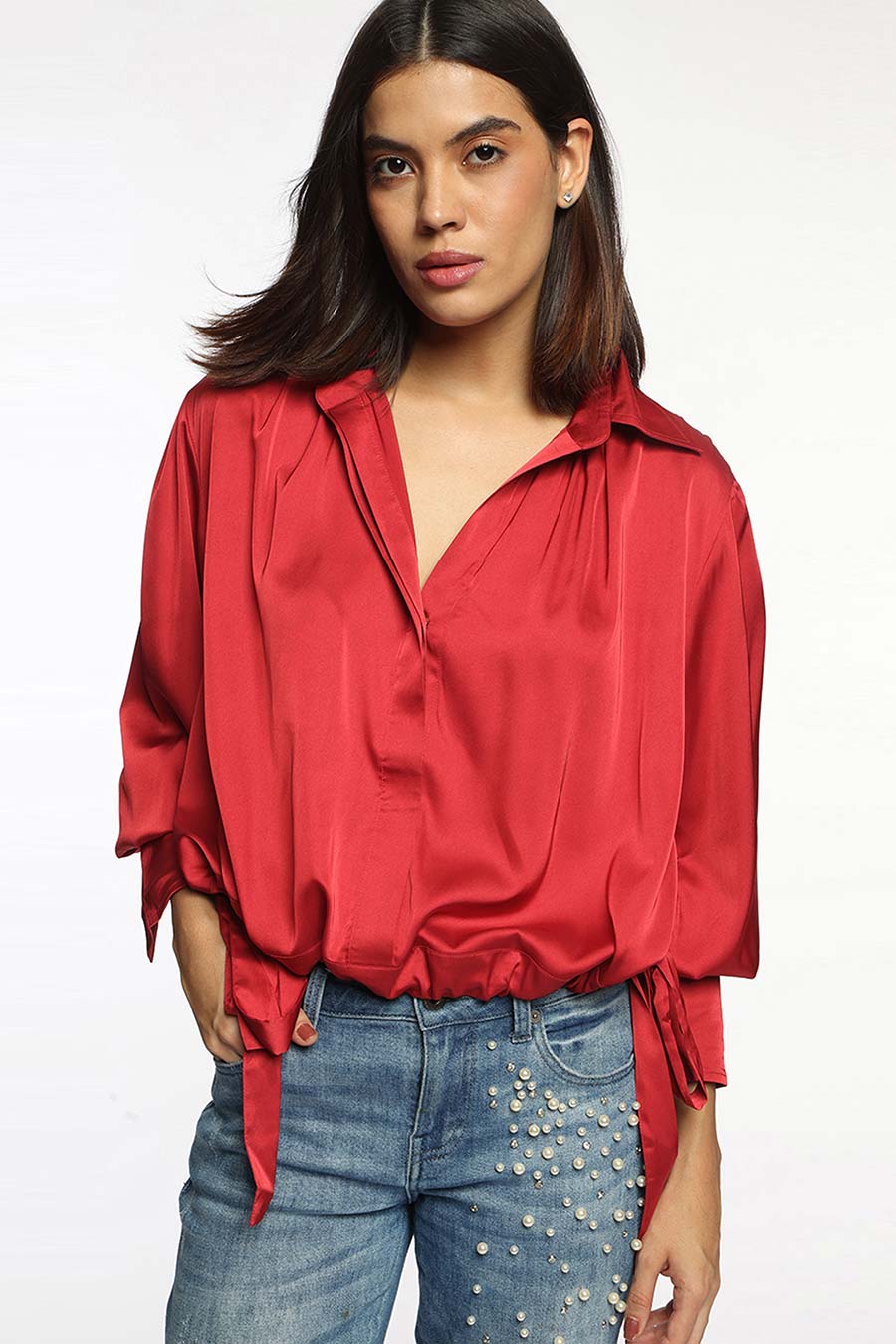Red Rachel Side Knot Shirt Top