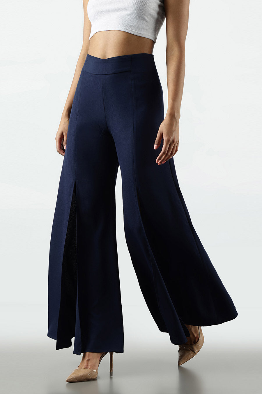 Dark Blue Slit Wide-Leg Pant