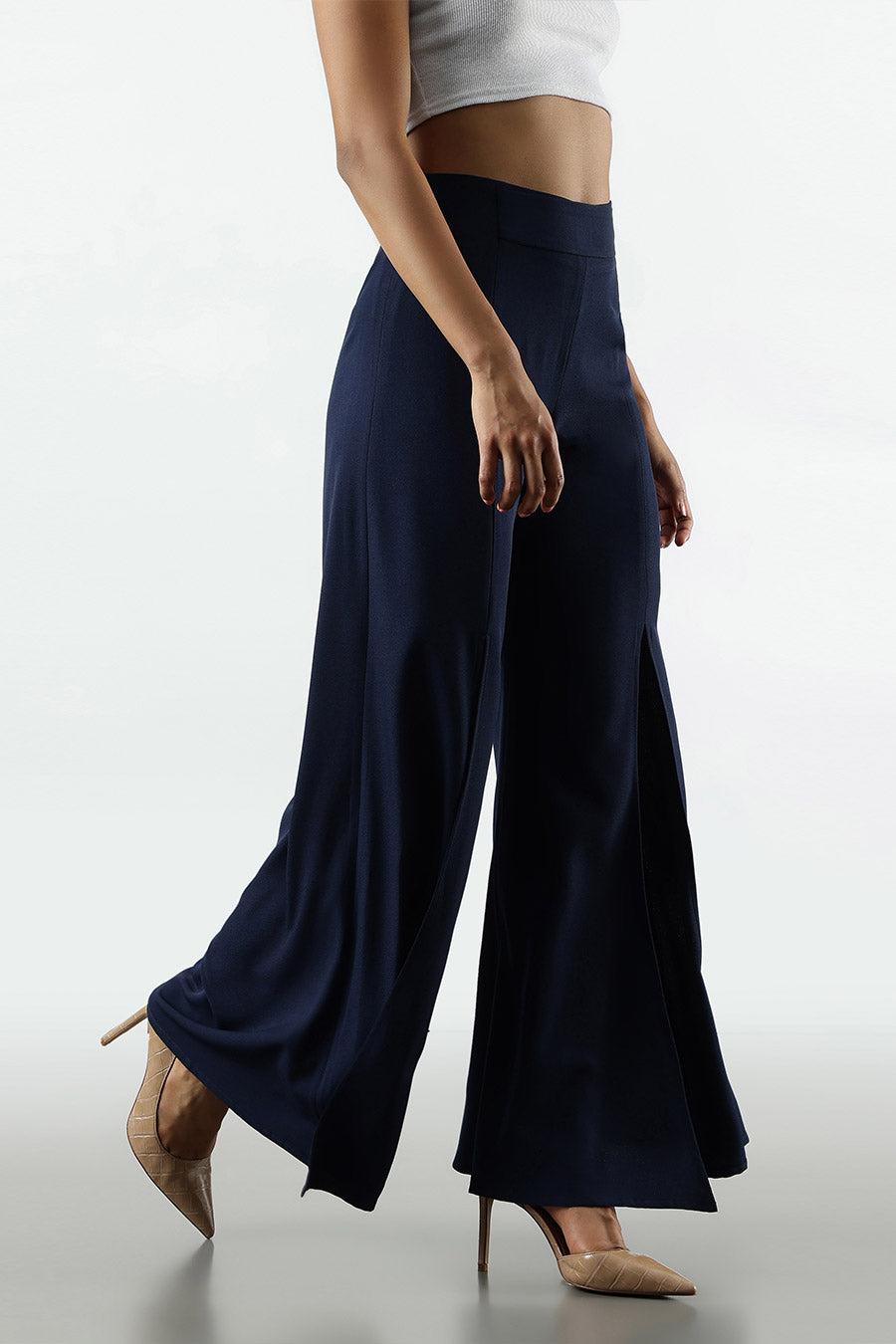 Dark Blue Slit Wide-Leg Pant