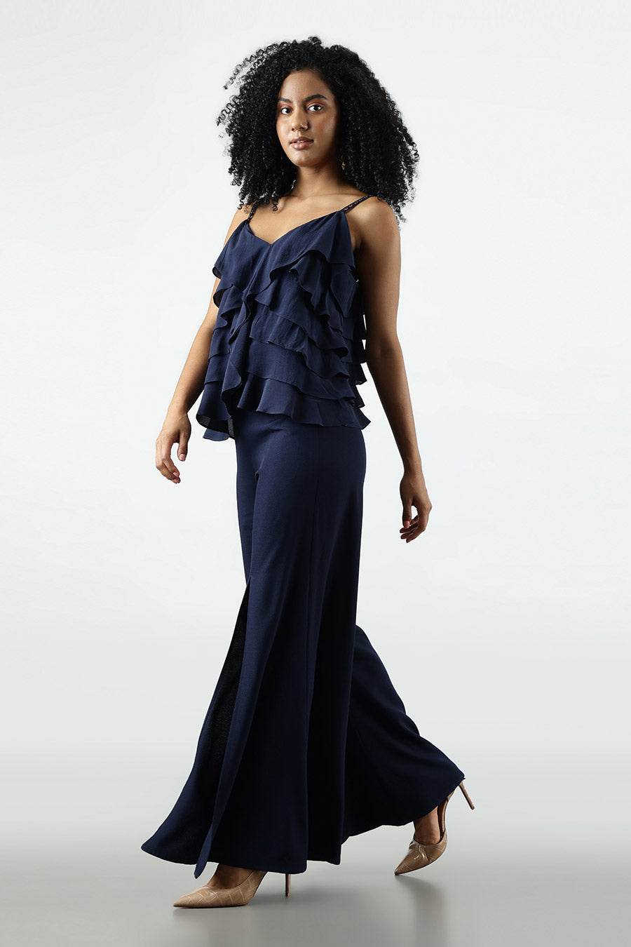 Dark Blue Slit Wide-Leg Pant