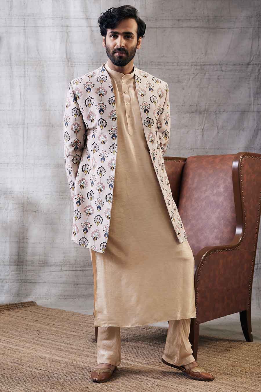 Sarouk Printed Longline Jacket With Kurta Set